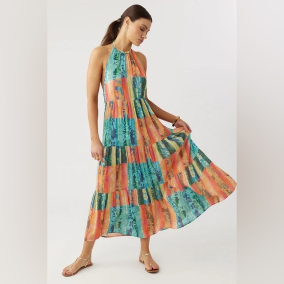 O'Neill Jennifer Dress - Multi Colored Blue and Orange Halter Sundress NWT XS - Picture 2 of 9